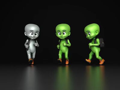 Game Movie Cartoon Characters Silver and Green Walking with Backpacks in Black Scene 3d model