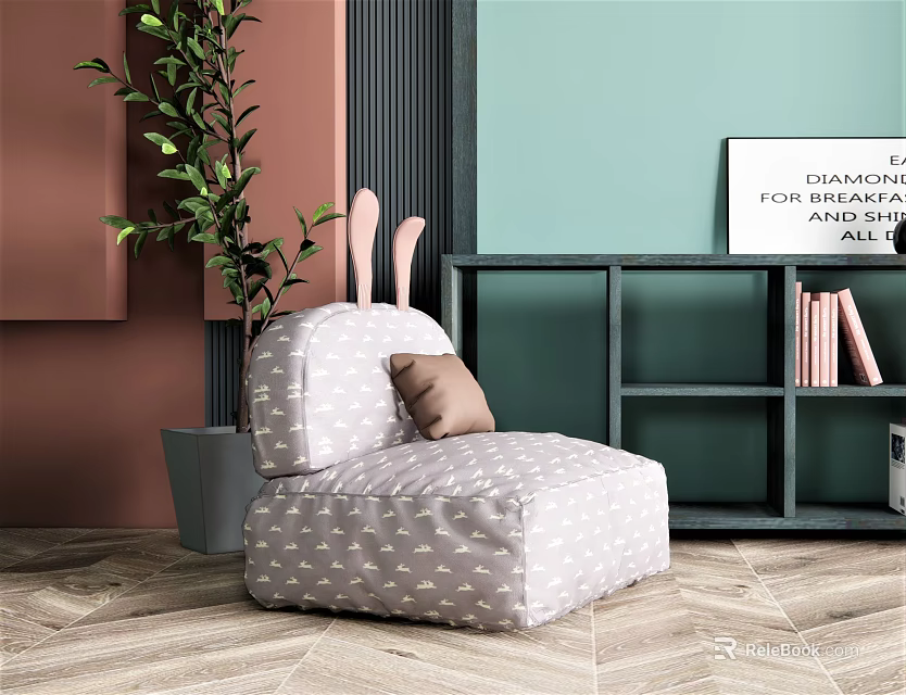 Modern Single Sofa with Grey Patterned Fabric Brown Cushion Green Plant and Herringbone Wooden Floor 3d model 