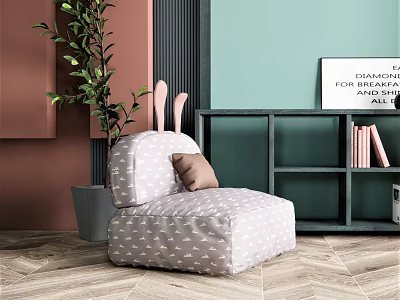 Modern Single Sofa with Grey Patterned Fabric Brown Cushion Green Plant and Herringbone Wooden Floor 3d model