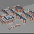 Red Brick School Buildings With Blue Roofs And Interconnected Architectural Layout Design 3d model