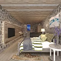 Rustic Vintage Wooden Sofa And Coffee Table Set For Cozy Stone Wall Living Room