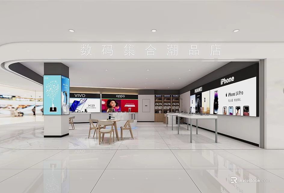 Modern Digital Store Interior With iPhone Electronics Display Tables Cabinets And Shopping Area 3d model