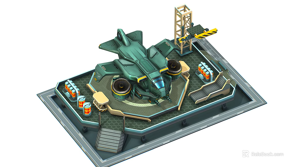 Green Fighter Jet On Military Platform With Equipment And Structural Design Elements 3d model 