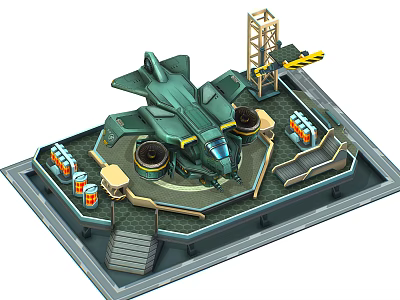 Green Fighter Jet On Military Platform With Equipment And Structural Design Elements 3d model