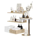 Modern Bathroom Storage With Wooden Shelves Towels Basket Candles And Scented Items