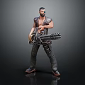 Sci Fi Male Warrior Character Standing With Large Mechanical Gun And Leather Outfit