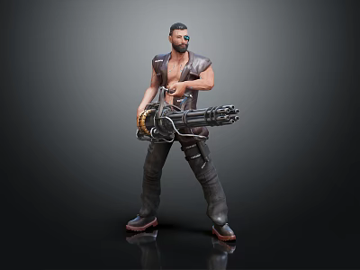 Sci Fi Male Warrior Character Standing With Large Mechanical Gun And Leather Outfit 3d model