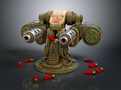 Green Mechanical Turret With Red Star Emblem Dual Barrels Surrounded By Scattered Bullets 3d model