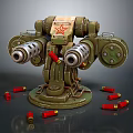 Green Mechanical Turret With Red Star Emblem Dual Barrels Surrounded By Scattered Bullets