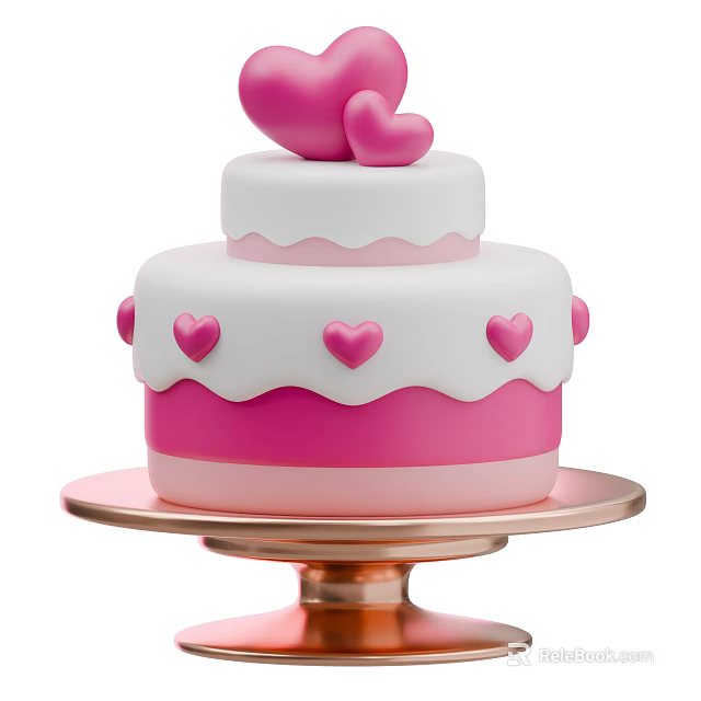 Two Tiered Pink And White Cake With Heart Decorations On Golden Stand 3d model 