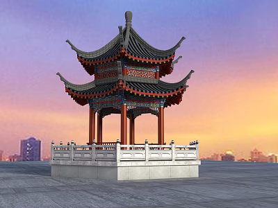 Traditional Chinese Pavilion with Multi Tiered Roof Red Gold Ornaments White Stone Railing Sunset Skyline 3d model