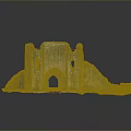 Ancient Castle Ruins With Ruined Stone Walls Arched Doorway Green Grass And Water Reflection