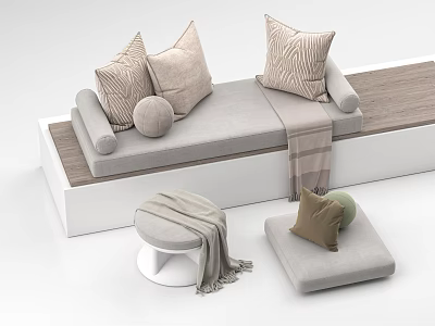Modern Living Room Sofa With Pillows Ottoman Throw Blanket And Wooden Platform 3d model
