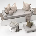 Modern Living Room Sofa With Pillows Ottoman Throw Blanket And Wooden Platform