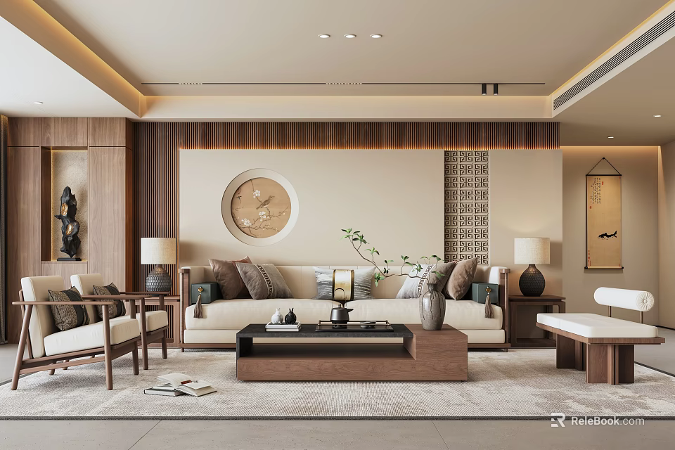Modern Chinese Living Room Interior With Wooden Sofa Circular Painting Lattice Screen And Coffee Table 3d model 