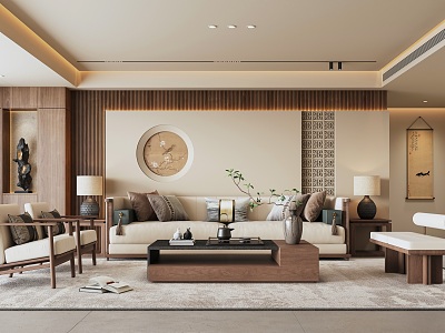 Zen New Chinese Style Living Room Song Dynasty Aesthetic Sofa Background Wall Sofa Coffee Table Combination Leisure Chair model