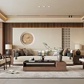 Modern Chinese Living Room Interior With Wooden Sofa Circular Painting Lattice Screen And Coffee Table