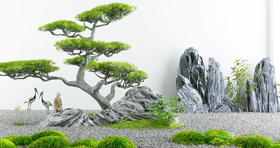 Serene Garden Courtyard with Pine Tree Rock Statue and Mossy Plants on Gravel 3d model 