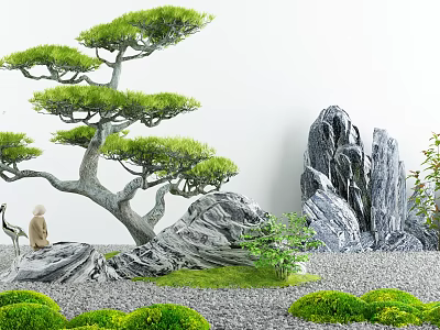 Serene Garden Courtyard with Pine Tree Rock Statue and Mossy Plants on Gravel 3d model