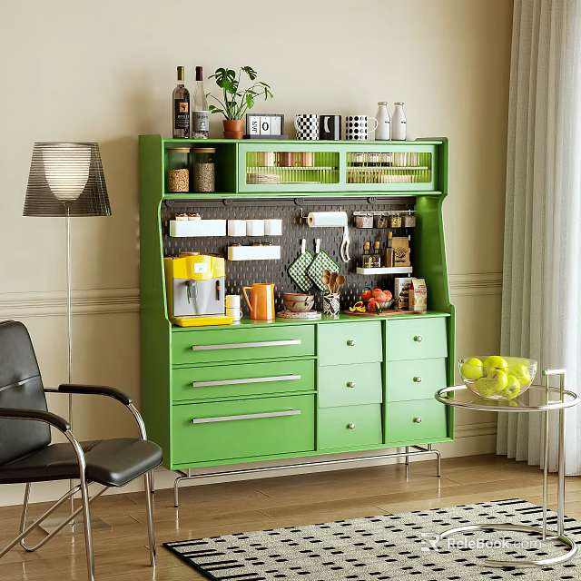 Green Sideboard With Drawers Shelves Coffee Machine Fruits And Plants In Modern Interior 3d model 
