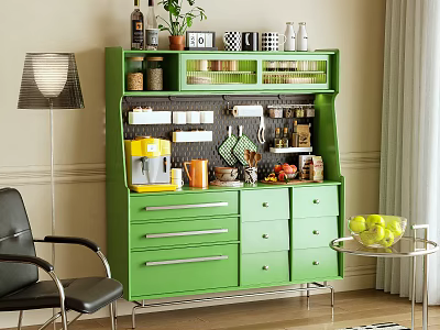 Green Sideboard With Drawers Shelves Coffee Machine Fruits And Plants In Modern Interior 3d model