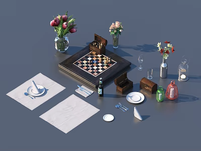 Assorted Daily Living Items With Chessboard Vases Flowers Cutlery Glassware And Bottles 3d model