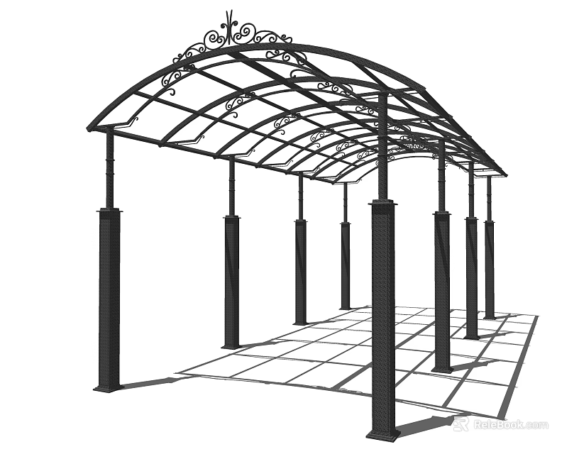 Stylish Black Metal Sunshade Canopy With Arched Top Decorative Patterns And Pillar Support 3d model 