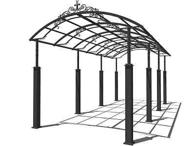 Stylish Black Metal Sunshade Canopy With Arched Top Decorative Patterns And Pillar Support 3d model