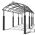 Stylish Black Metal Sunshade Canopy With Arched Top Decorative Patterns And Pillar Support