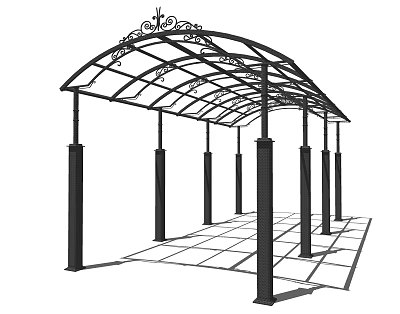 Stylish Black Metal Sunshade Canopy With Arched Top Decorative Patterns And Pillar Support 3d model