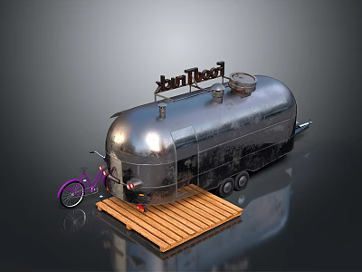 Purple Bicycle Next To Silver SunThorn Food Truck On Wooden Platform 3d model
