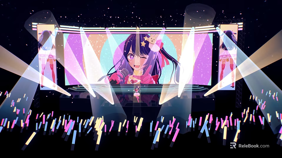 Ballroom Stage With Purple Pink Lights Girl In Pink Outfit And Audience Glow Sticks 3d model 
