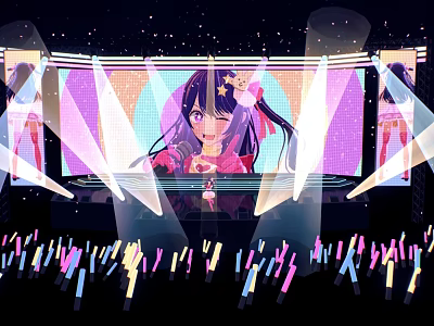 Ballroom Stage With Purple Pink Lights Girl In Pink Outfit And Audience Glow Sticks 3d model