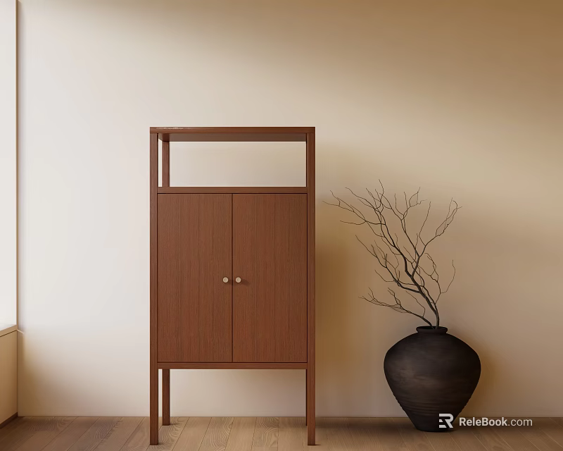 Wooden Decorative Cabinet With Metal Handles And Black Vase Branches Against Beige Wall 3d model 