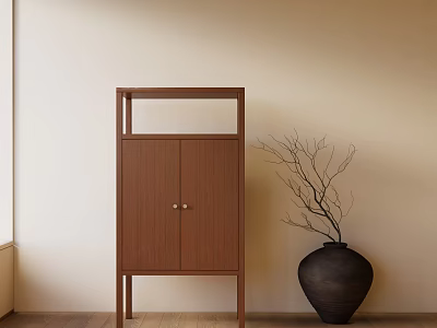Wooden Decorative Cabinet With Metal Handles And Black Vase Branches Against Beige Wall 3d model
