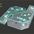 Cartoon Scene of Modern Geometric Structure with Blue White Hexagonal Patterns and Transparent Reflective Surface