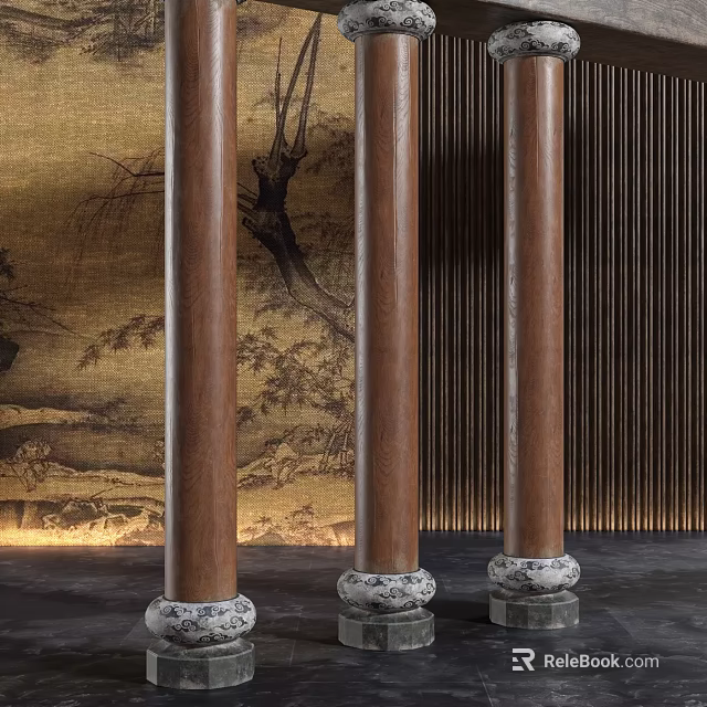 Wooden Columns With Marble Bases In Modern Interior Featuring Traditional Mural 3d model 
