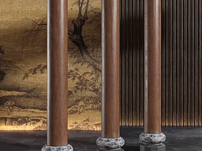 Wooden Columns With Marble Bases In Modern Interior Featuring Traditional Mural 3d model