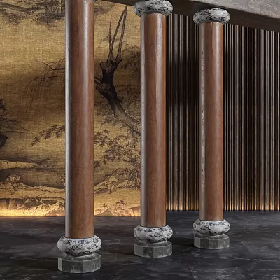 Wooden Columns With Marble Bases In Modern Interior Featuring Traditional Mural 3d model