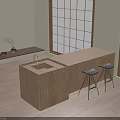 Modern Wooden Bar Counter With Black Stools And Large Windows For Natural Light