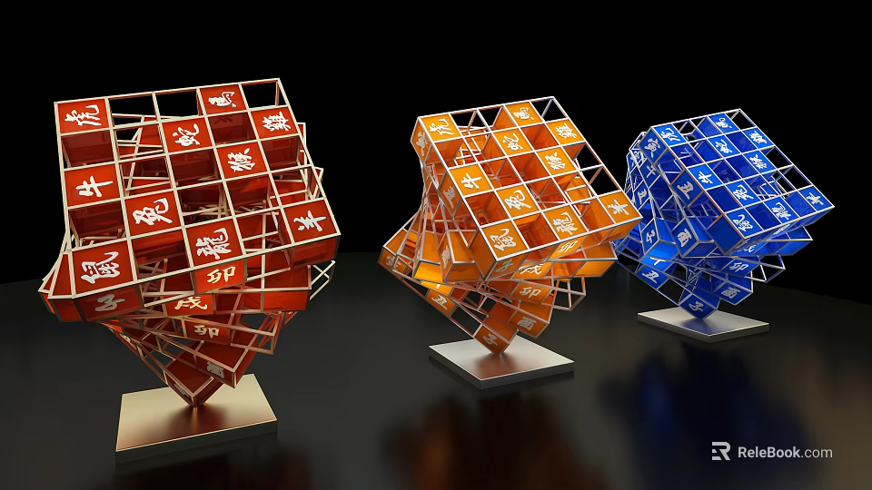 3D Colorful Art Installation With Red Orange Blue Rubik's Cube Chinese Characters And Metal Bases 3d model 