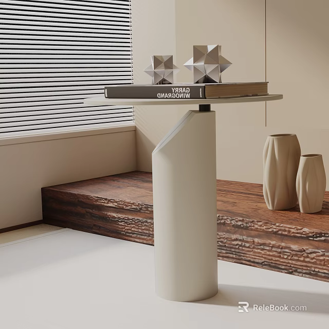 Sleek Modern Side Table With Decorative Books And Geometric Sculptures On Wooden Platform 3d model 
