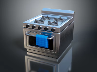 Modern Stainless Steel Kitchen Gas Stove And Oven With Four Burners And Blue Towel 3d model