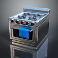 Modern Stainless Steel Kitchen Gas Stove And Oven With Four Burners And Blue Towel