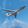 Green and White Passenger Airplane Flying High in Blue Sky with White Clouds