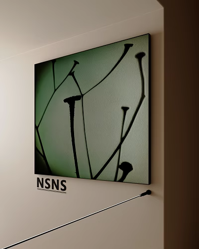 Green Background Oil Painting With Black Plant Stems And NSNS Text Hanging On Wall 3d model