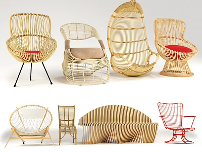 Modern Rattan Outdoor Chairs With Red Cushions And Various Stylish Designs 3d model