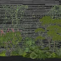 Lush Plant Combination With Green Vines Wooden Wall Pink Flowers Large Green Leaves And Pruned Trees