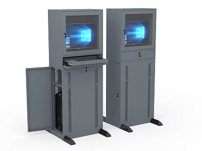 Public Facility Information Kiosks With Gray Cabinets Open Door And Display Screens 3d model