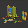 Tactical Weapon Sprayer Equipment With Green Blue Cans And Yellow Ammunition Bottles